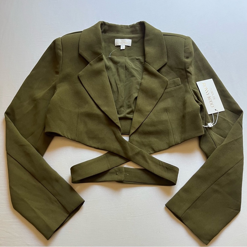 NWT‎ TORN BY RONNY KOBO olive army green cropped cutout long sleeve blazer